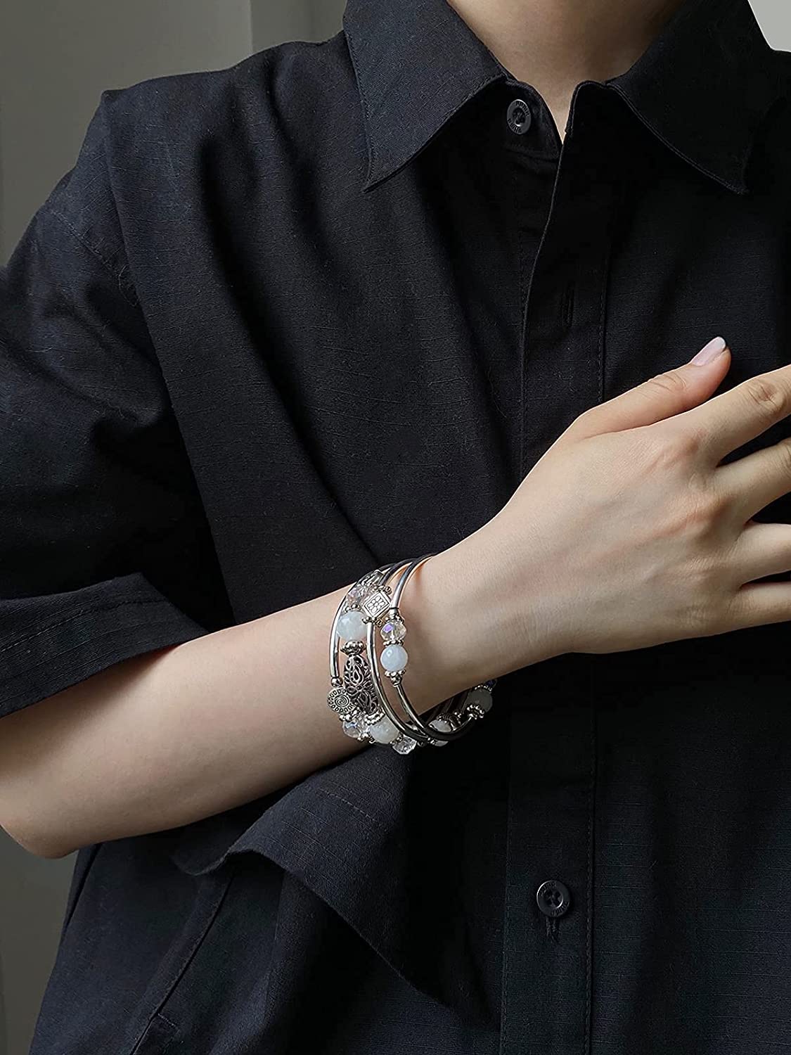 FULU AUTUMN Stackable Beaded Bracelets for Women Boho Wrap Silver Bracelet Layered Fashion Jewelry Gifts for Her - Image 3